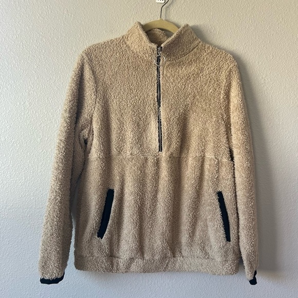 Tan Teddy Quarter Zip Mock Neck Pull Over Sweater- Size Medium - Picture 2 of 7